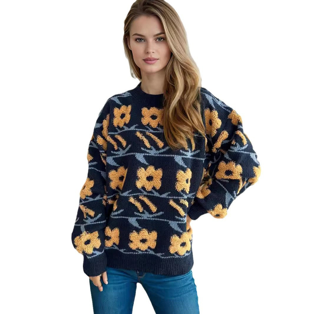 Kvindernes hyggelige strikket sweater med blomster 3D-applikationer Stilla