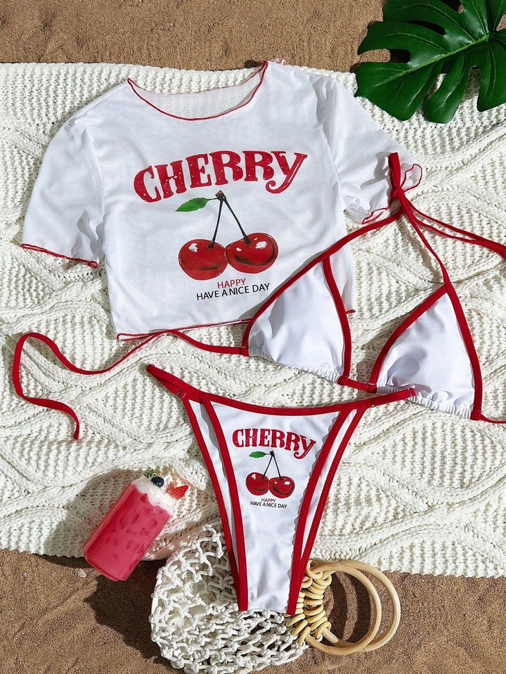 Dame bikini-sæt med trendy kirsebærmotiv og afslappet crop-top Skovae