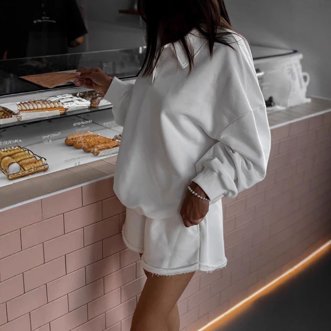 Kvinders casual sweatshirt og shorts sæt med flisede kanter Skovae