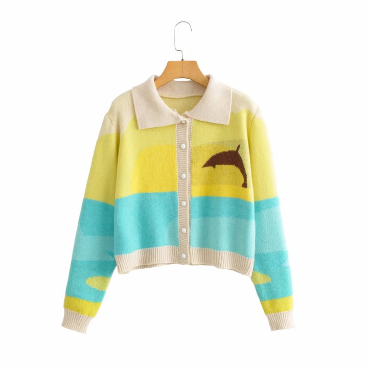 Damer trendy cardigan med sød delfin design og knap-op krave Stilla