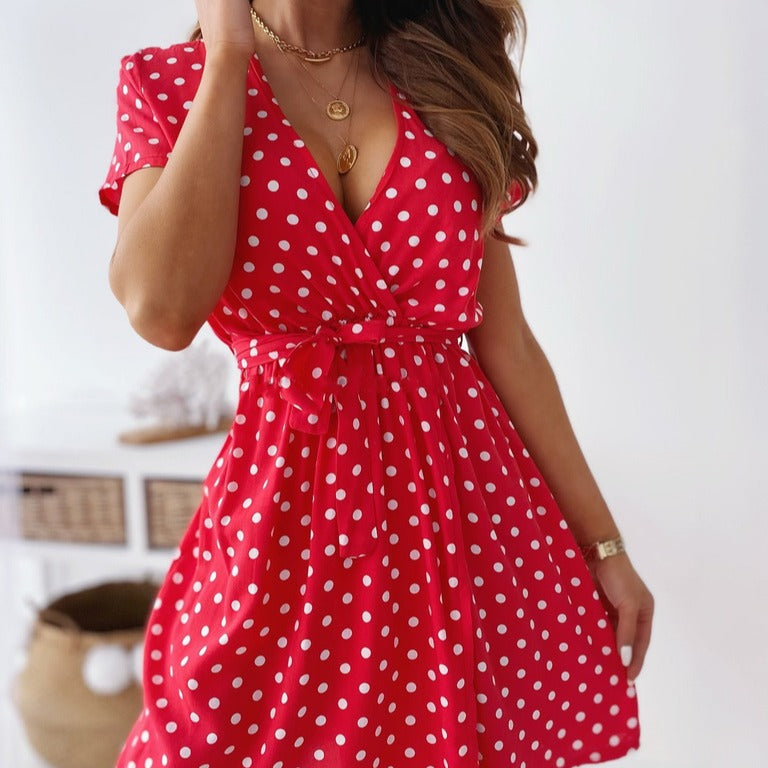 Dame Polka Dot A-linje Mini Kjole med Bindebælte Stilla