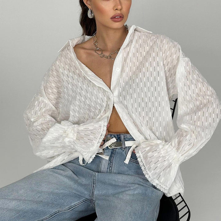 Damer Elegant Bluse med transparente stoffer detaljer og rynker Stilla