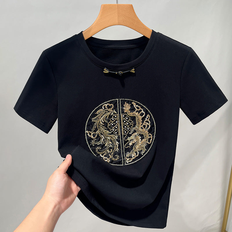 Dame T-shirt med kunstnerisk dragebroderi og elegant ståkrave Stilla