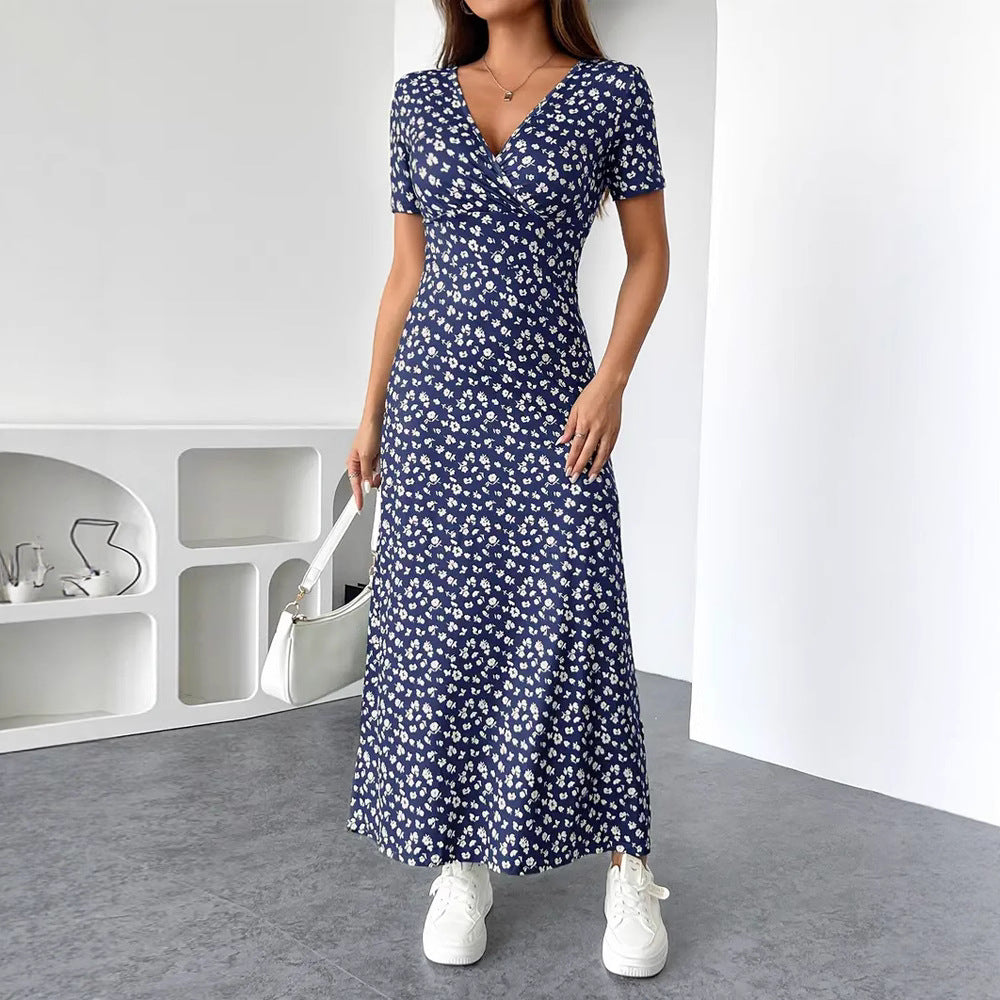 Dame nan taillérisk Jersey-midi kjole med crossover-overdel, korte ærmer og udstillet skirt Skovae