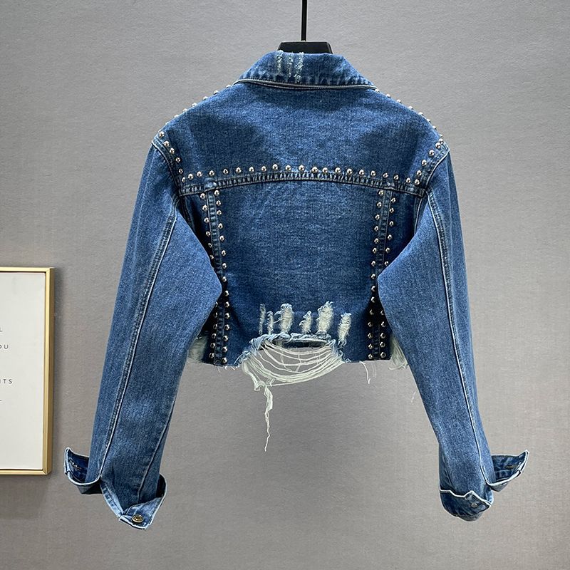 Kvinders designer denimjakke med nitter og frynser Stilla
