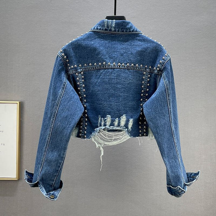 Kvinders designer denimjakke med nitter og frynser Stilla