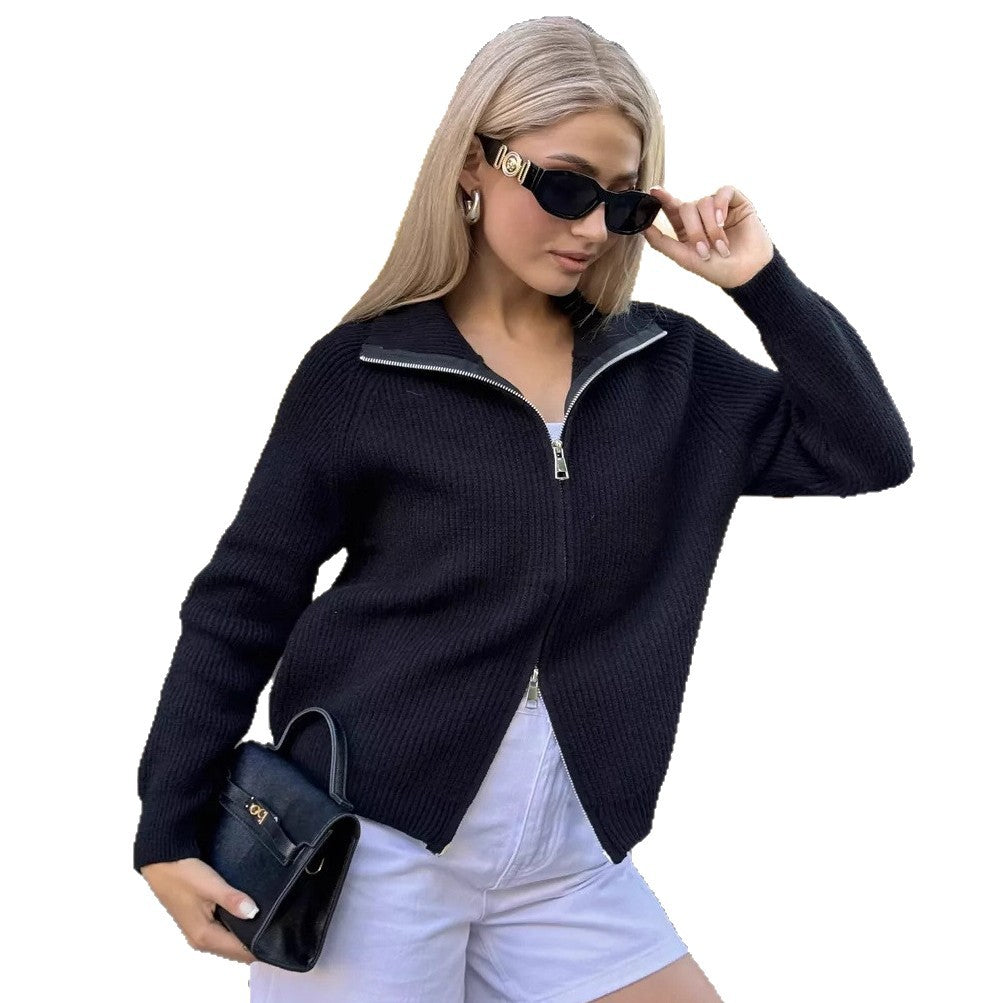 Kvinders fashionable chunky striktrøje med høj krave og fuld lynlås Stilla