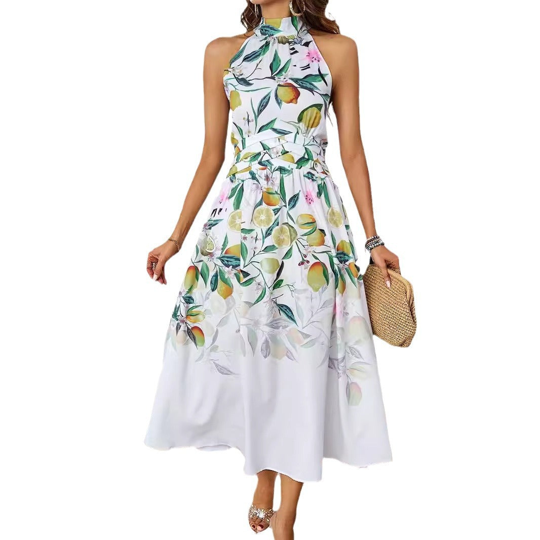 Dame Midi-Kjole med blomsterdesign og elegant Halterneck Stilla