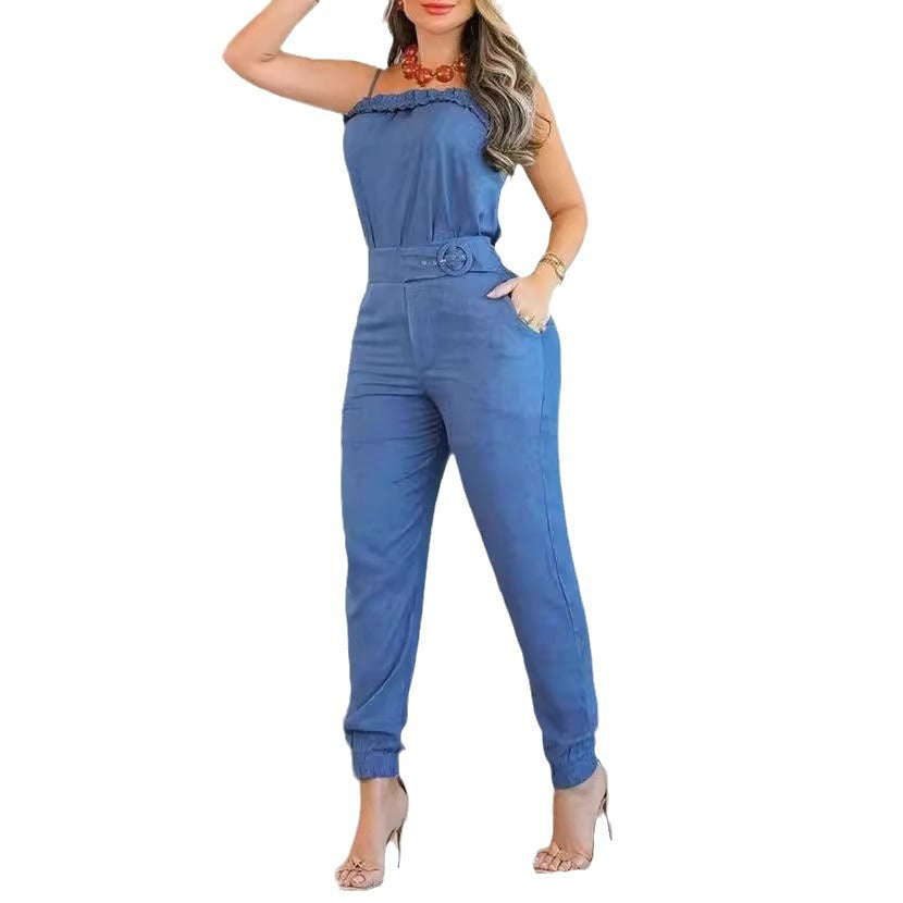 Dame afslappet jumpsuit med ruffles detaljer og justerbart taljebælte Skovae