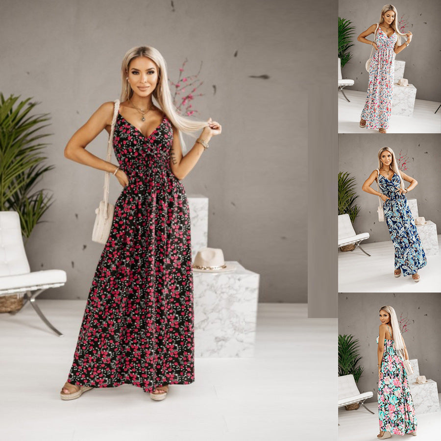 Dame maxikjole med blomster V-udskæring og svingende skirt Stilla