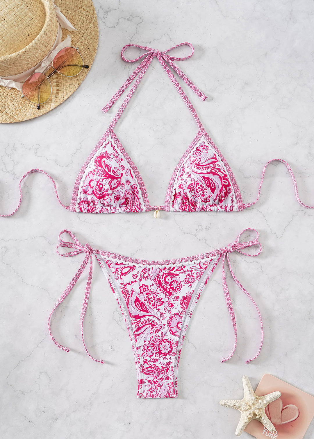Dame Triangel-Bikini med legende blomsterdesign og bånd