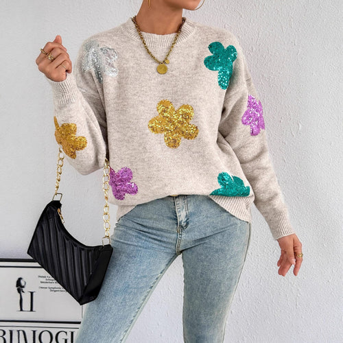 Kvindernes glitrende oversized sweater med blomstermotiv Stilla