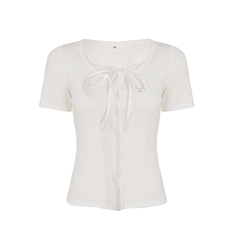 Dame spids-top med off-shoulder design og elegant snøring Skovae