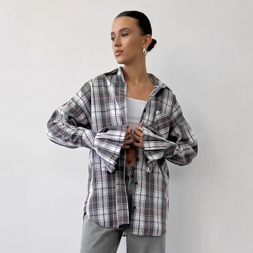 Dame Oversized Check Skjortejakke med afslappet snit og praktiske lommer Stilla