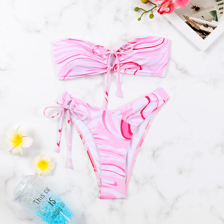 Dame Bandeau-Bikini sæt med legende knudedesign og højt benudskæring Stilla