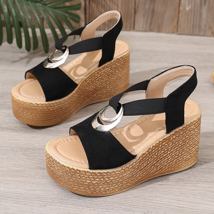 Dame nan Plateau sandalette i retro stil med jute-udseende, dekorativ metal ornament og elastisk hælrem Skovae