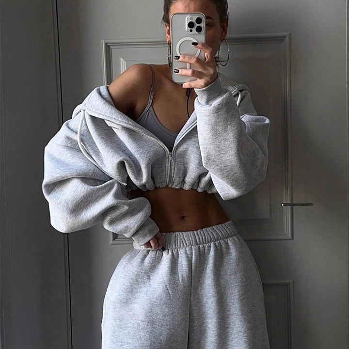 Kvindernes cropped fleece hoodie og casual joggers sæt Skovae