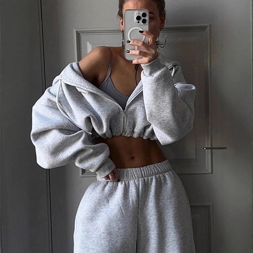 Kvindernes cropped fleece hoodie og casual joggers sæt Skovae