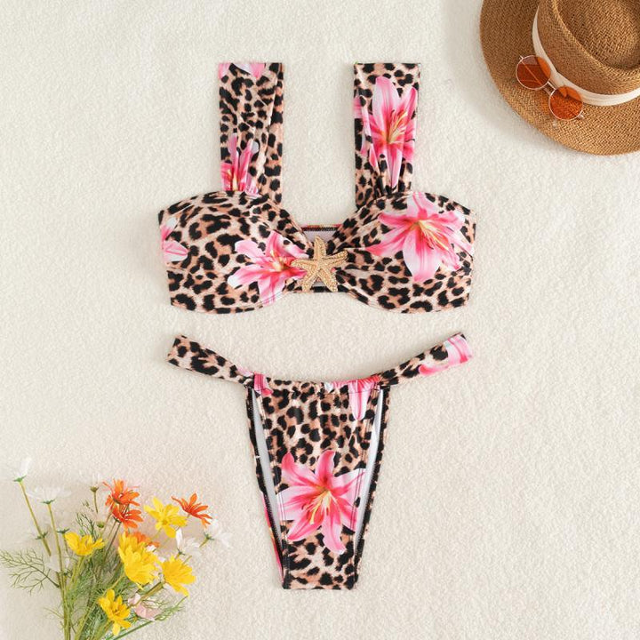 Dame bikini-set med blomsteragtigt leopardmønster og elegant knudedetalje Skovae