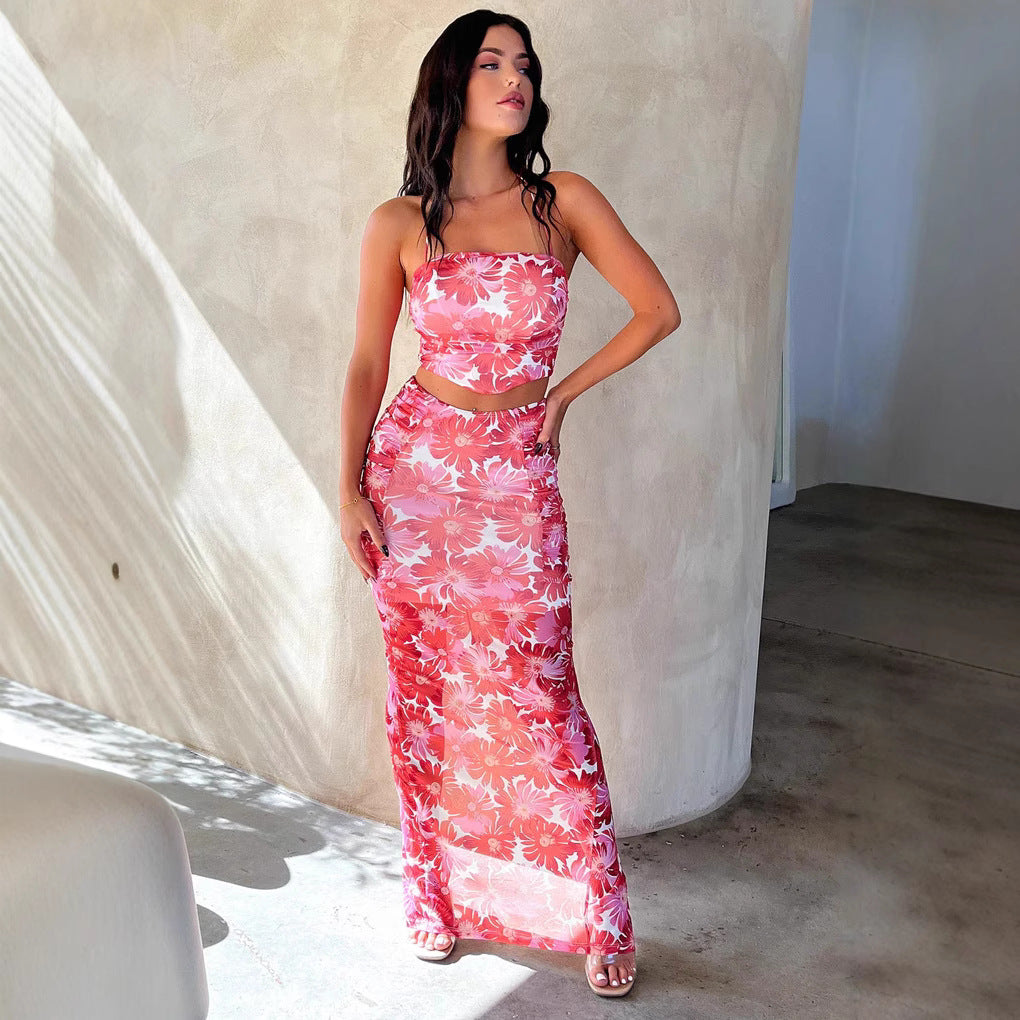 Dame Elegant Crop-Top og Maxiskørt sæt med blomsterdesign Skovae