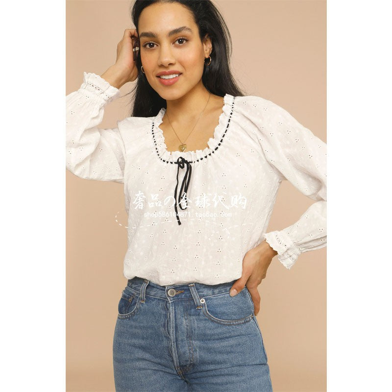 Dame elegant bluse med flæser og snøre detaljer Stilla