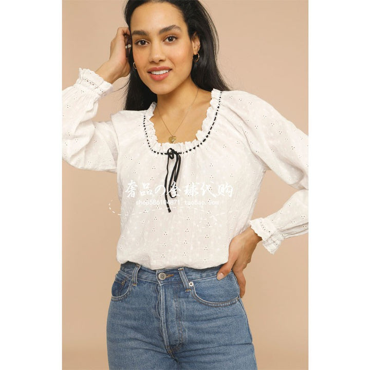 Dame elegant bluse med flæser og snøre detaljer Stilla