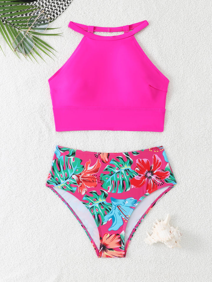 Dame Sporty Bikini-sæt med højfarvet top og blomsterområde nederst Stilla