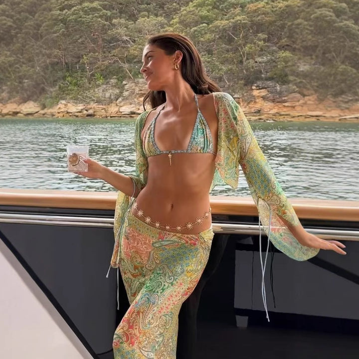 Dame cropped bluse med vid arm og legende paisley-mønster Skovae