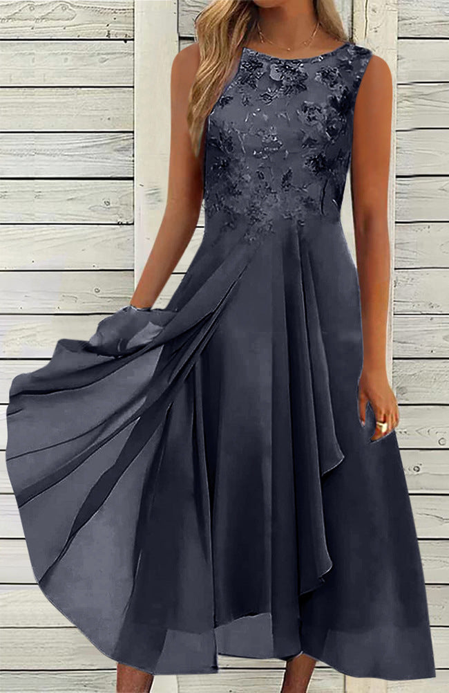 Dame uden ærmer chiffon midi kjole med broderet brystparti og asymmetrisk lag nederdel Skovae