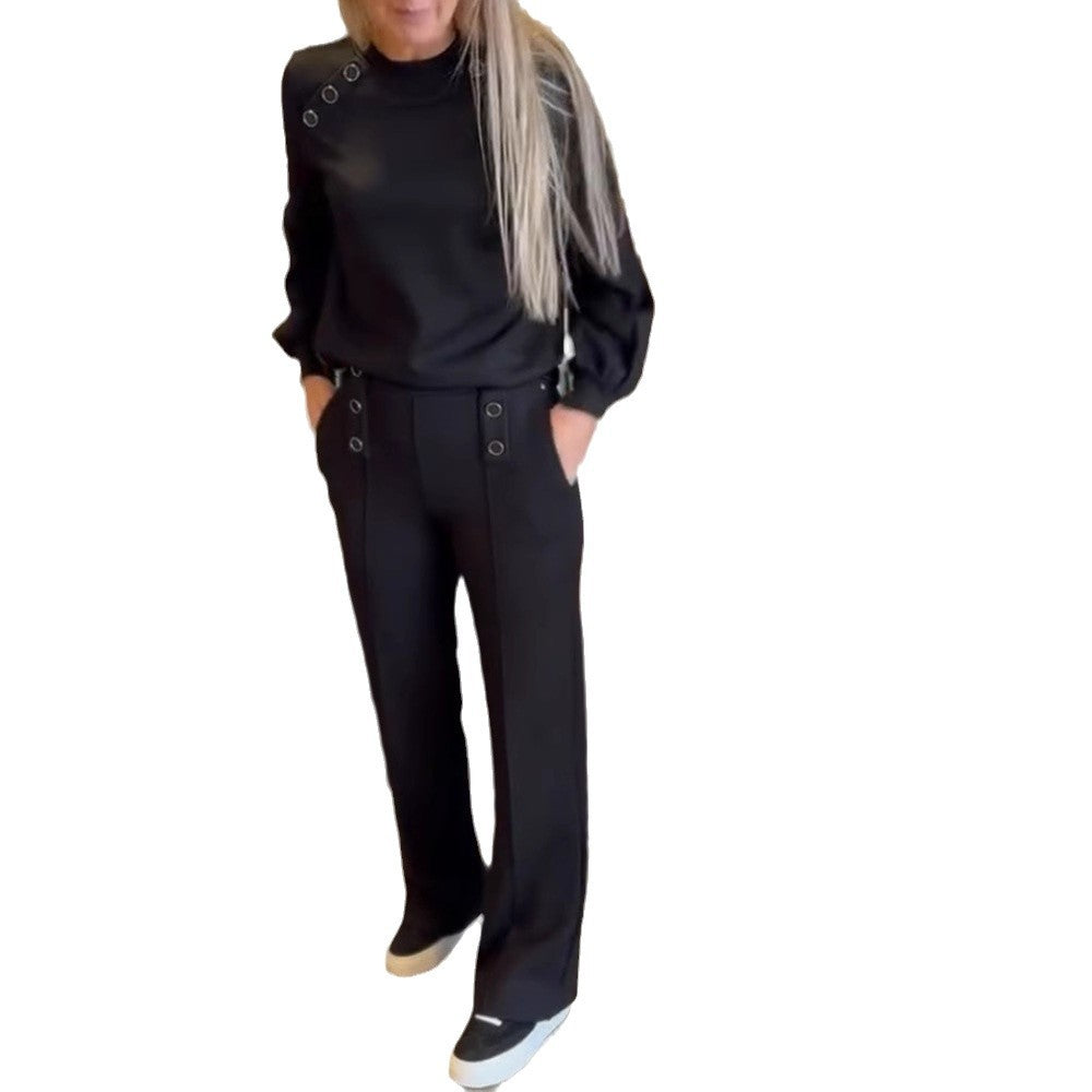 Dame nan sporty-elegante Jersey-sæt med øsenudsmykning, højtskaftet buks i Marlene-snit Skovae