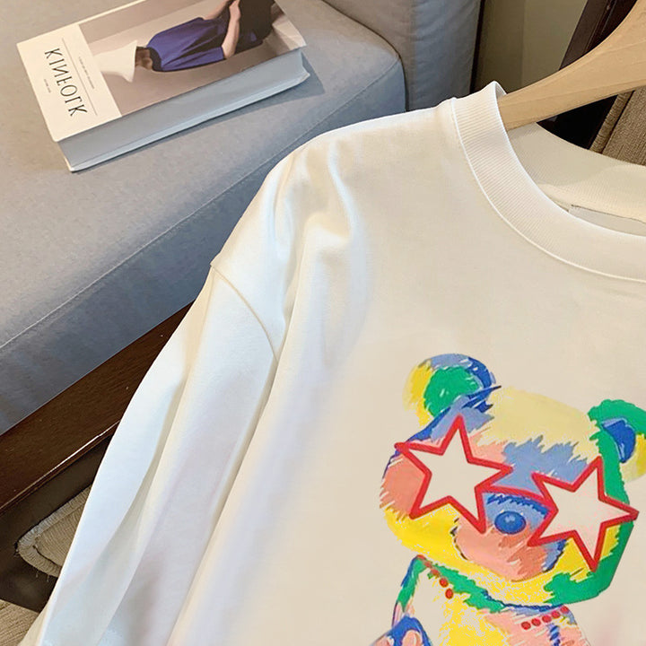 Dame T-shirt med farverigt bjørnemotiv og trendy stjernetryk Stilla
