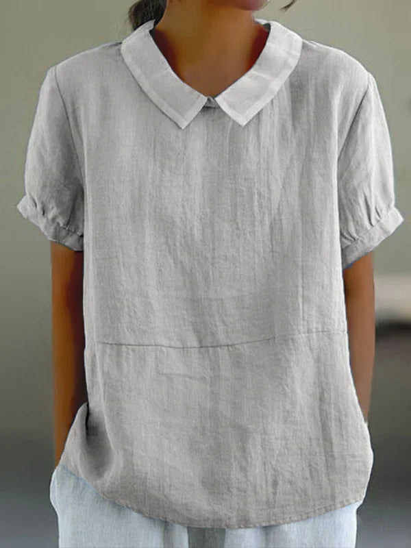 Dame afslappet bluse i let hørstof med elegante kraver Stilla
