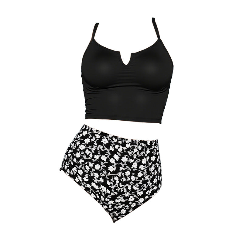Dame Højtaljet Bikini-Sæt med elegant Crop-Top og florale bund Skovae