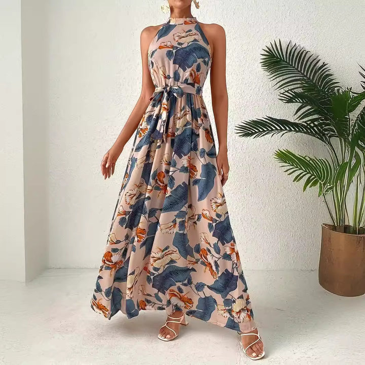 Dame maxikjole med blomsterprint og taljebælte Stilla