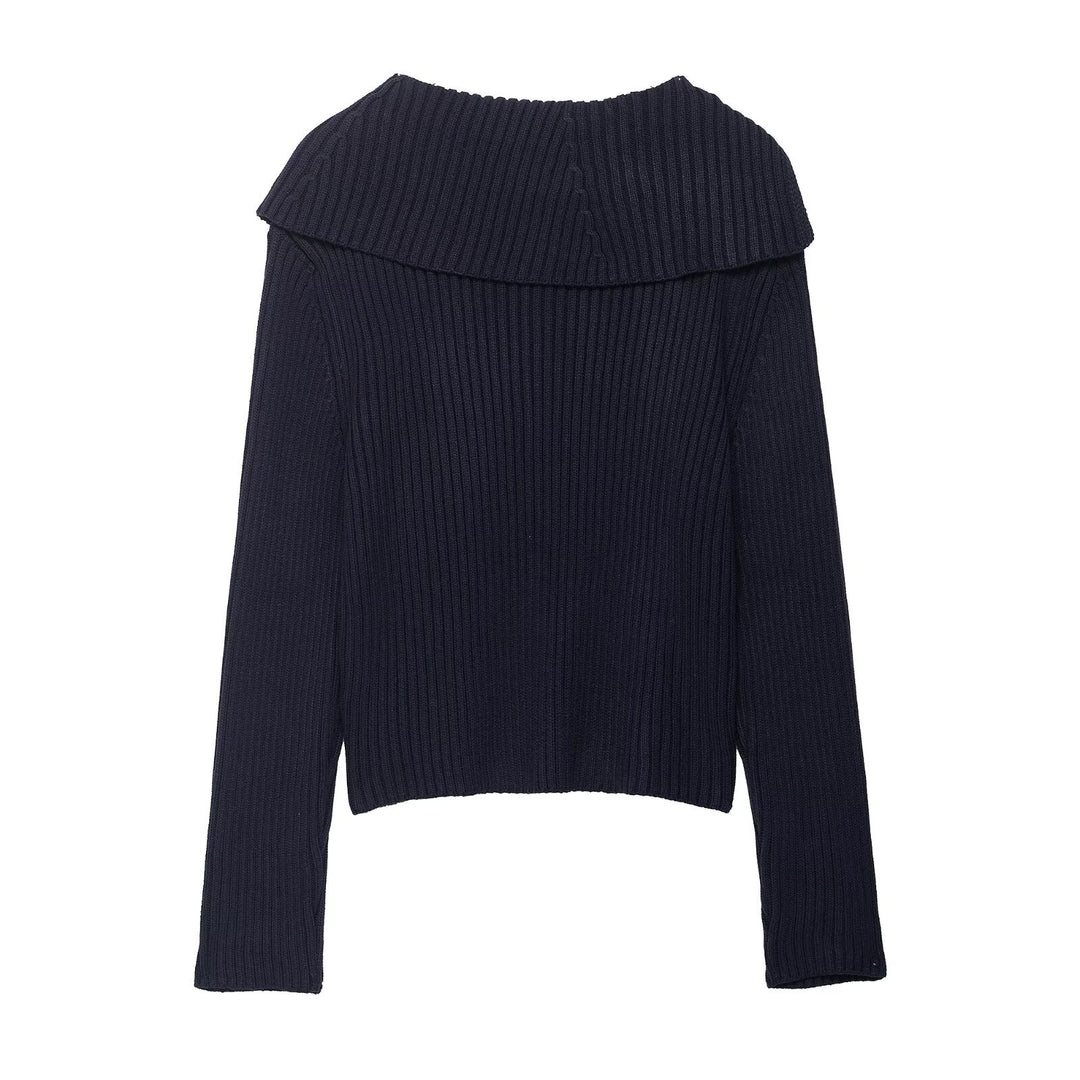 Dame stilfuld strikpullover med asymmetrisk krave og lynlås Stilla