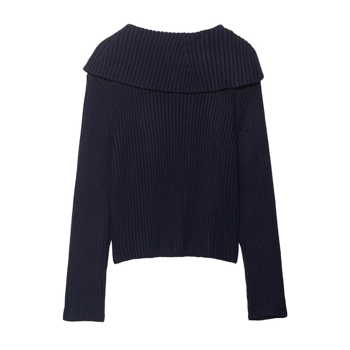 Dame stilfuld strikpullover med asymmetrisk krave og lynlås Stilla