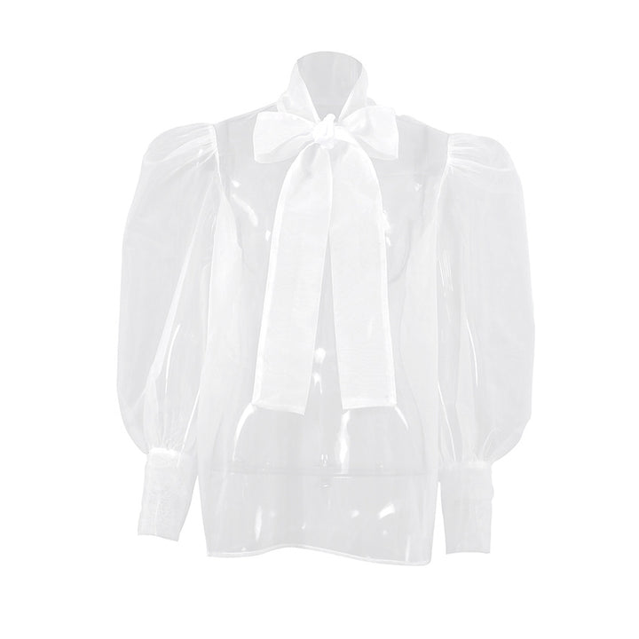 Dame transparent bluse med elegant bue dekoration og voluminøse ærmer Stilla