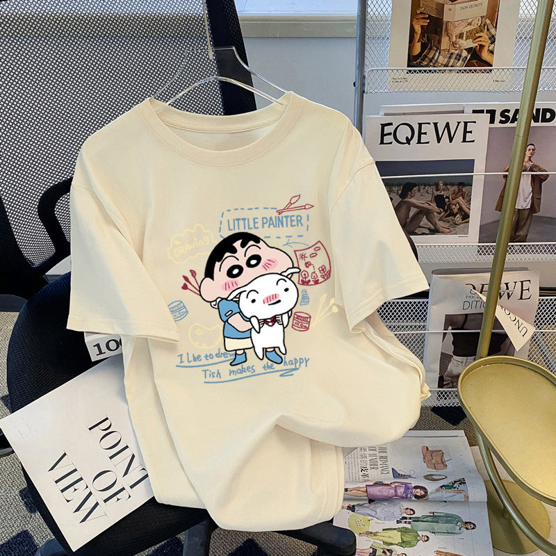 Dame T-shirt med kunstnerisk cartoon-tryk og behagelig pasform Stilla