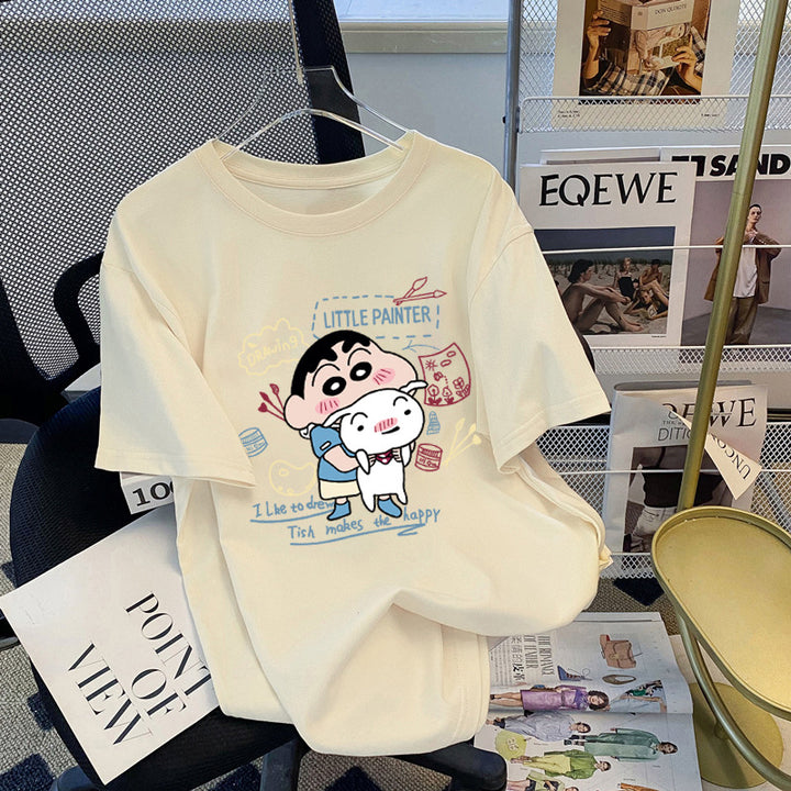 Dame T-shirt med kunstnerisk cartoon-tryk og behagelig pasform Stilla