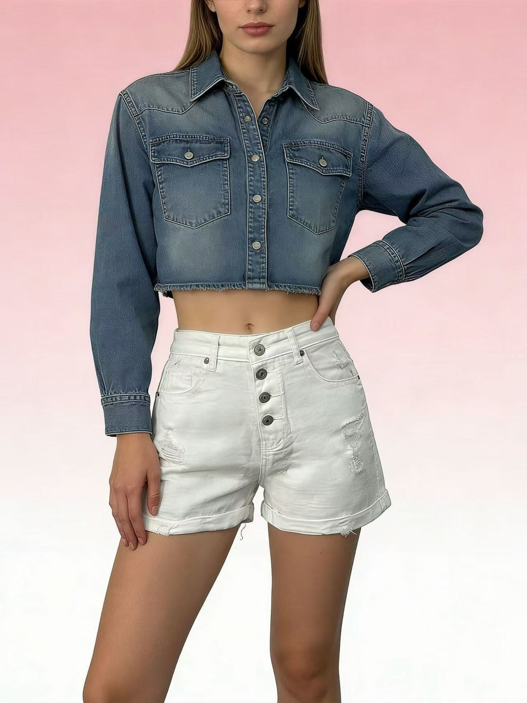 Dame cropped Denim-jakke med to lommer Skovae