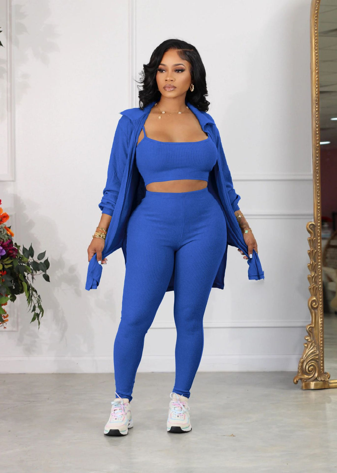Dame Sporty 3-delt Set med cropped top, leggings og lang jakke Stilla