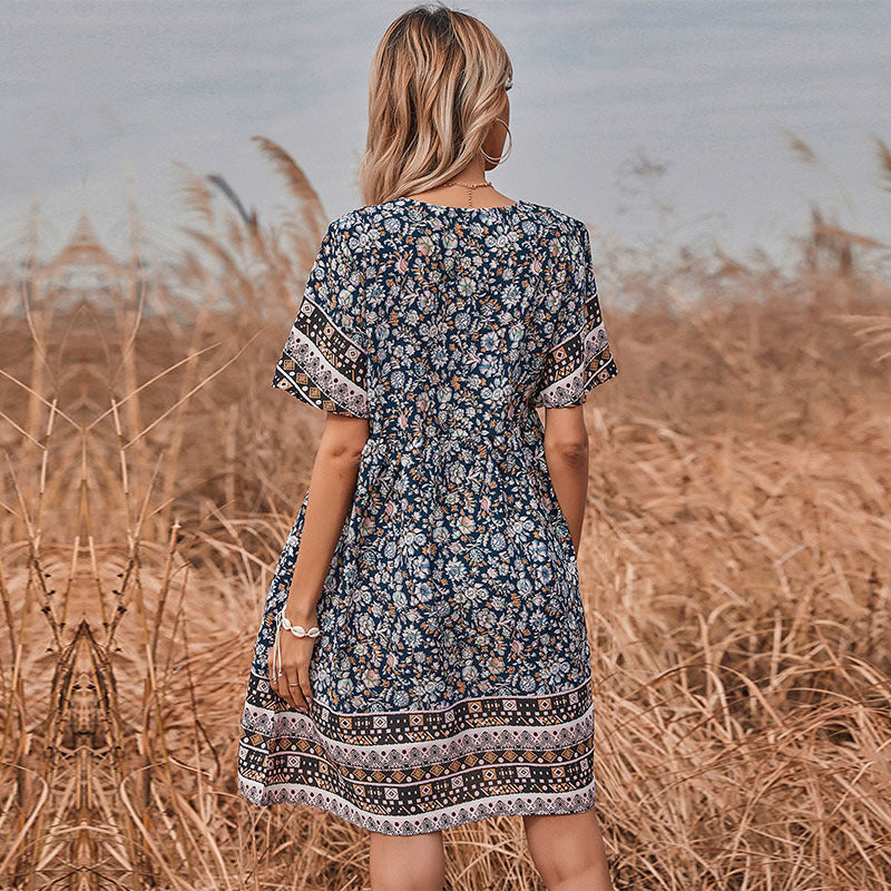 Dame Floral Print A-Linie Shift Kjole med korte Ærmer Stilla
