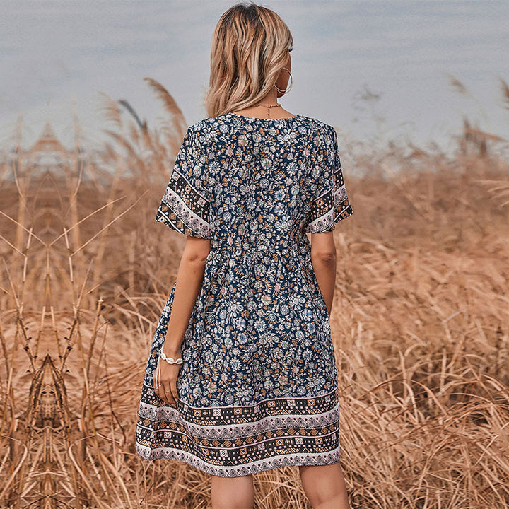 Dame Floral Print A-Linie Shift Kjole med korte Ærmer Stilla