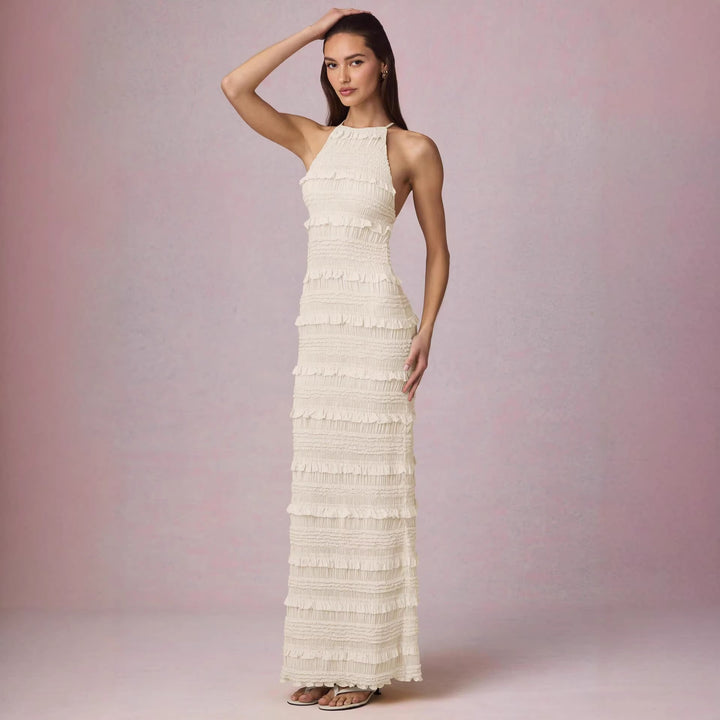 Dame maxi kjole med franges design og elegant halterneck Skovae