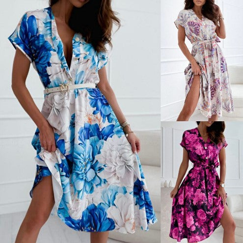 Dame Floral Print Wrap Kjole med justerbart bælte Stilla