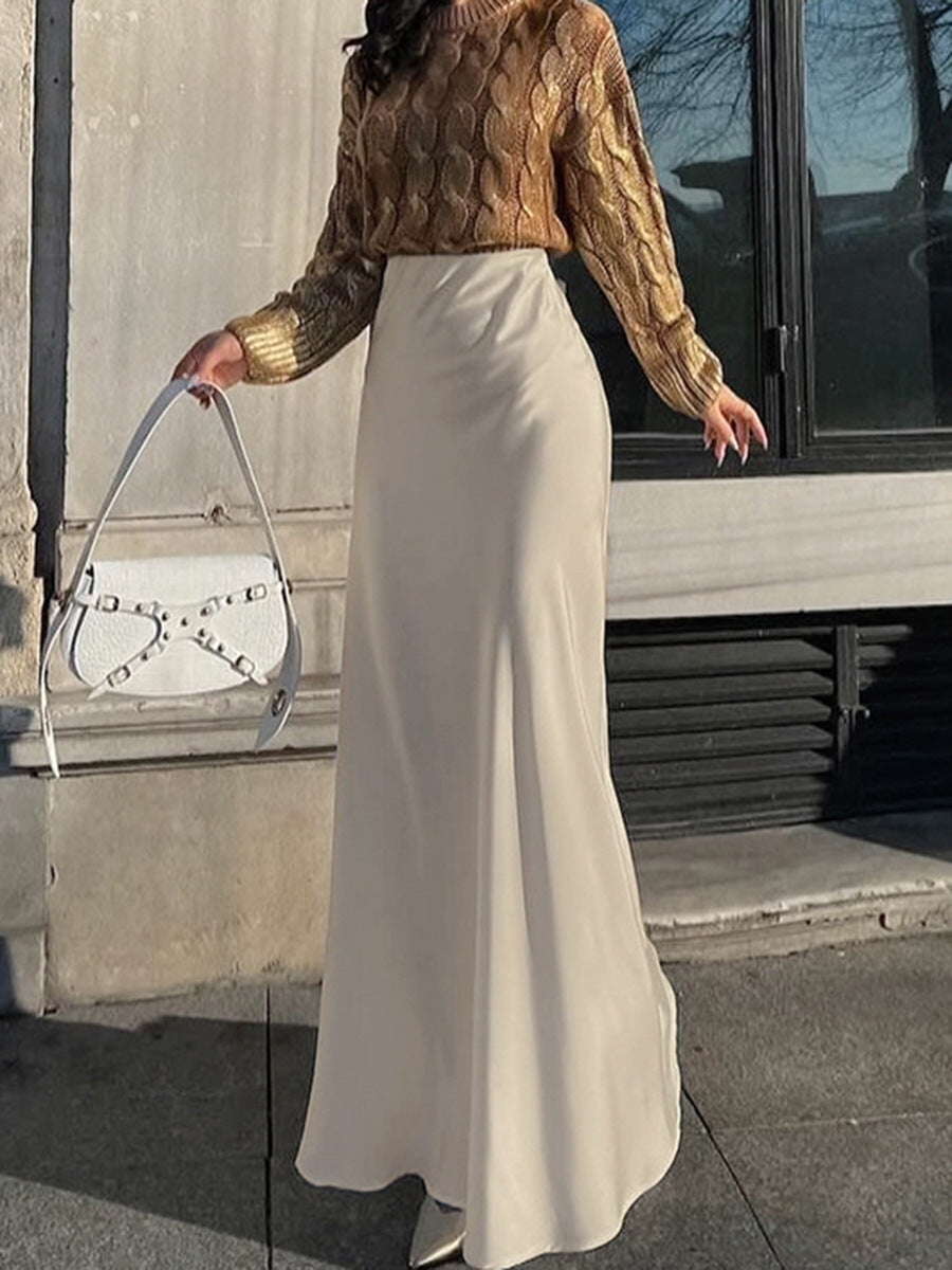 Dame Elegant Satin Maxiskørt med flydende snit og høj slids Stilla