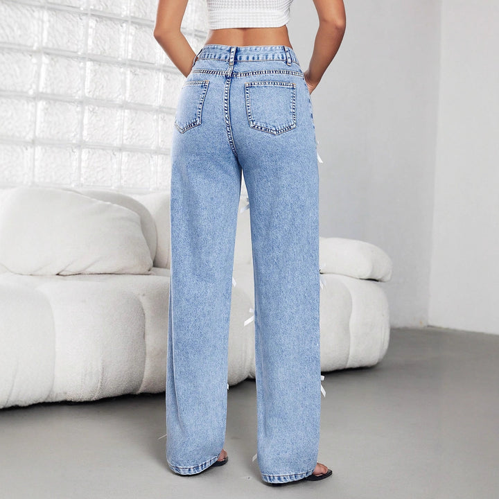 Dame brede jeans med dekorative sløjfer og knapdetaljer Stilla