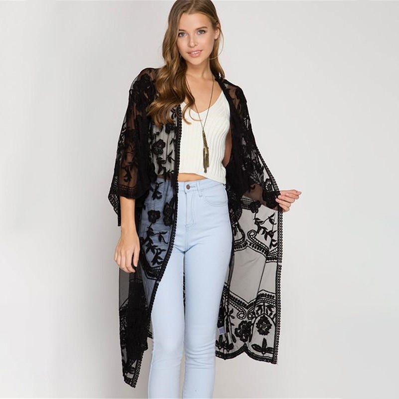 Dame Elegant Hækle-Kimono med florale Detaljer Stilla
