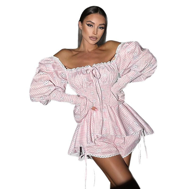 Dame Off-Shoulder Bluse med Puffærmer og rynket kant Stilla