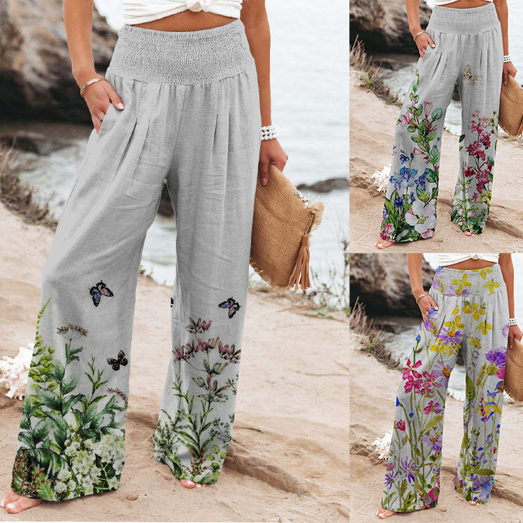 Dame bred Floral-bukser med elastisk linning og sidelommer Stilla